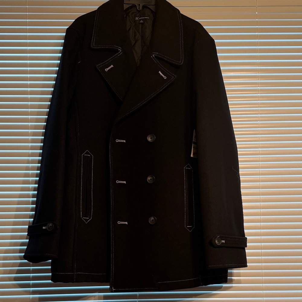 INC International Concepts Dark Pea Coat with Contrast Stitching